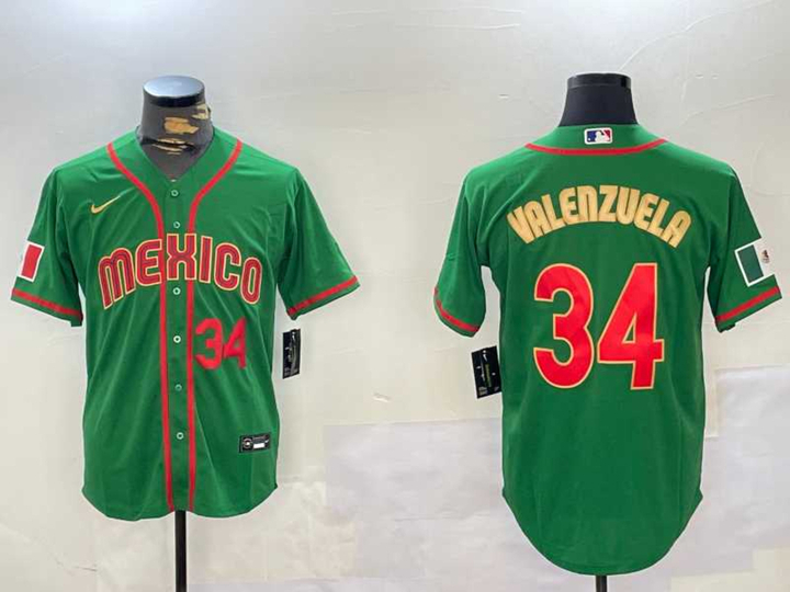 Mens Mexico Baseball #34 Fernando Valenzuela Number 2023 Green Gold World Classic Stitched Jersey